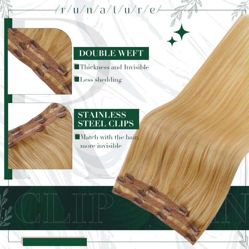 RUNATURE Real Human Hair Clip in Extensions Blonde, 14 Inch Clip in Hair Extensions Human Hair, Remy Hair Extensions Clip Ins, Easy to Maintain, 50g 3pcs #16P24 Golden Blonde Highlight - Image 2